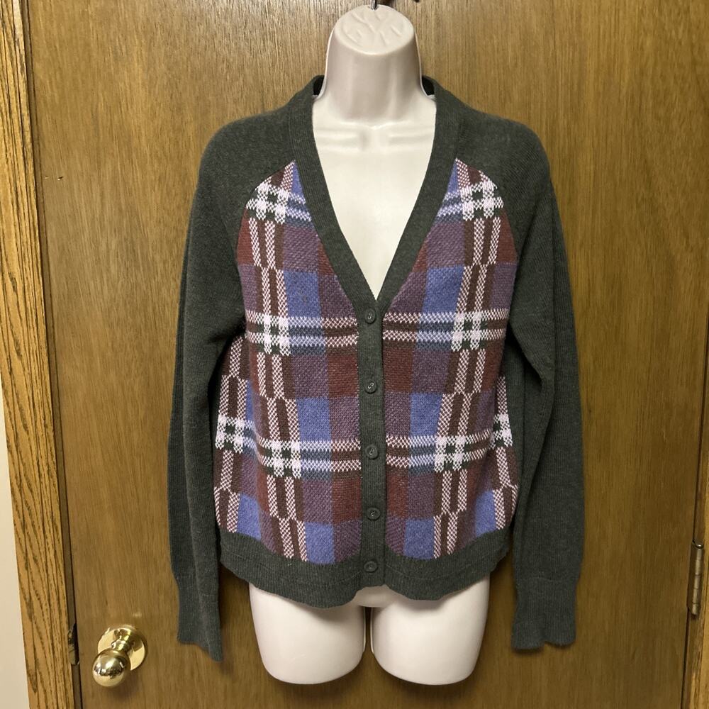 SUNDANCE size S Cardigan Sweater Plaid Front Academia Green Purple Blue Rust G26